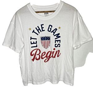 TEAM USA Olympics T-Shirt Cropped Vinyl Lettering Short Sleeve Womens M White